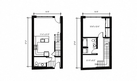 Floor plan for 1 bed, 1.5 baths, 870 sqft